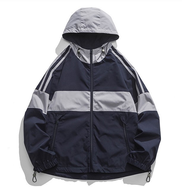 Color blocking zipper pocket hooded loose casual trend jacket