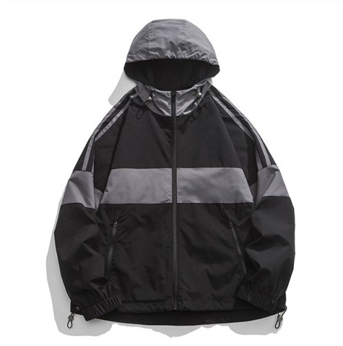 Color blocking zipper pocket hooded loose casual trend jacket