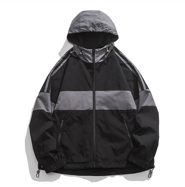 Color blocking zipper pocket hooded loose casual trend jacket