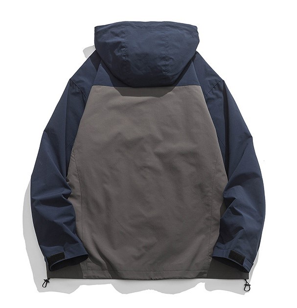 Retro contrasting color patchwork zipper pocket hood trendy casual jacket