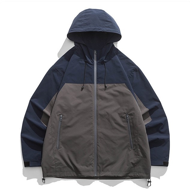 Retro contrasting color patchwork zipper pocket hood trendy casual jacket