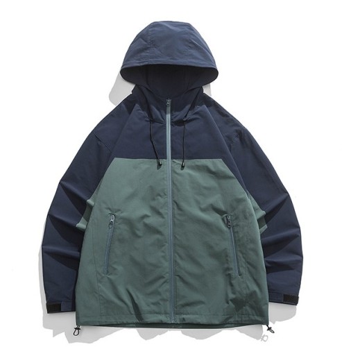 Retro contrasting color patchwork zipper pocket hood trendy casual jacket