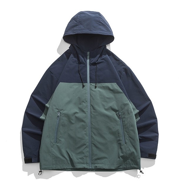 Retro contrasting color patchwork zipper pocket hood trendy casual jacket