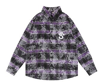 Letter embroidered loose casual trend plaid shirt jacket