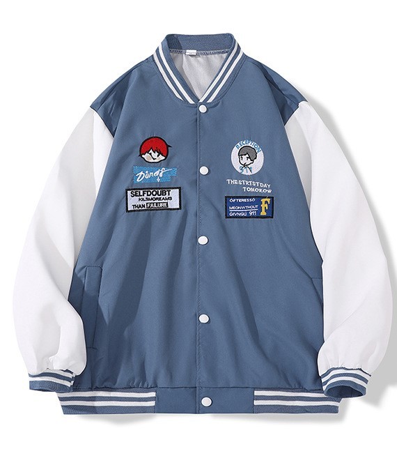Spliced loose fitting baseball jersey stand collar fashion trend jacket