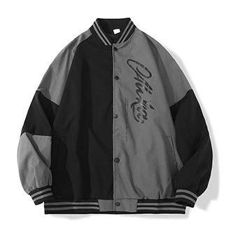 Spliced loose fitting baseball jersey stand collar fashion trend jacket