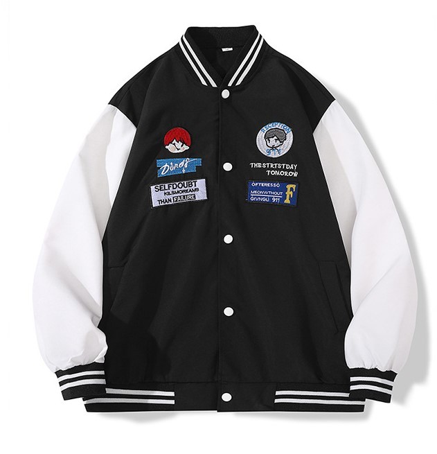 Spliced loose fitting baseball jersey stand collar fashion trend jacket