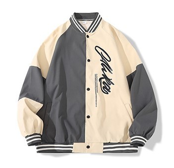 Spliced loose fitting baseball jersey stand collar fashion trend jacket