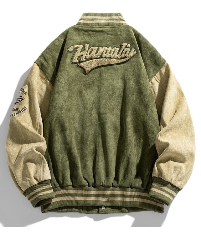 Vintage suede baseball collar, fashionable patchwork baseball jacket, trendy jacket