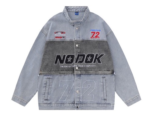 Embroidered casual loose fitting motorcycle trend denim jacket
