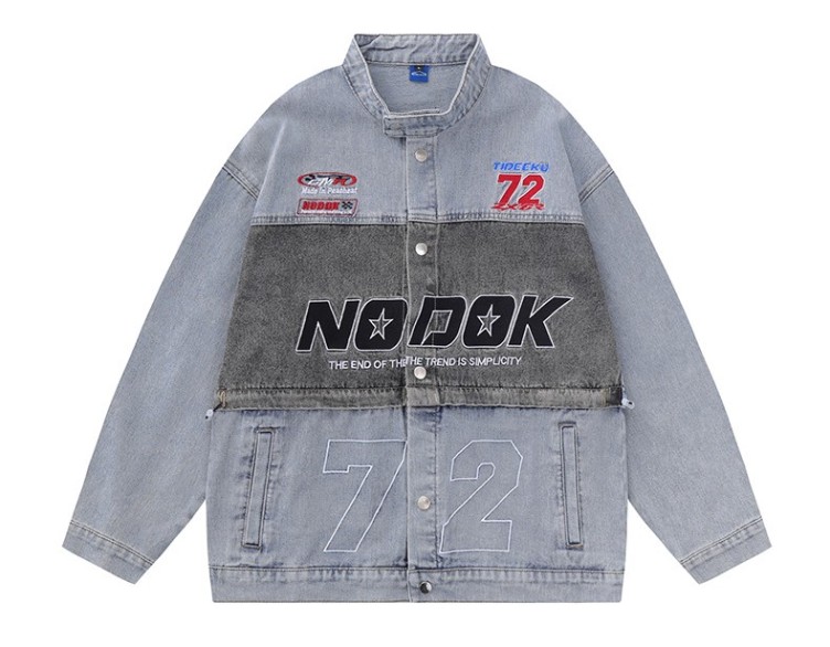 Embroidered casual loose fitting motorcycle trend denim jacket