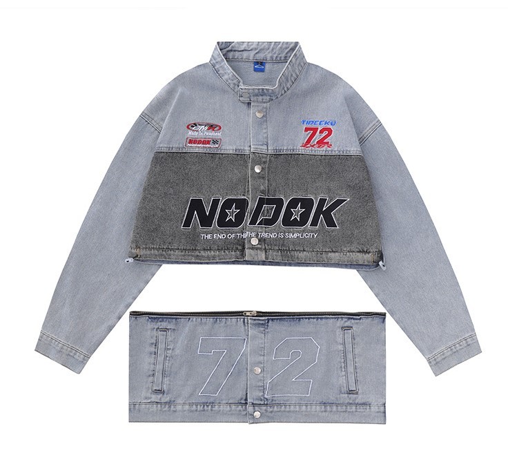 Embroidered casual loose fitting motorcycle trend denim jacket