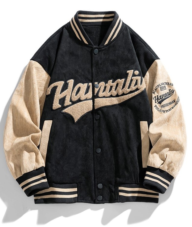 Vintage suede baseball collar, fashionable patchwork baseball jacket, trendy jacket