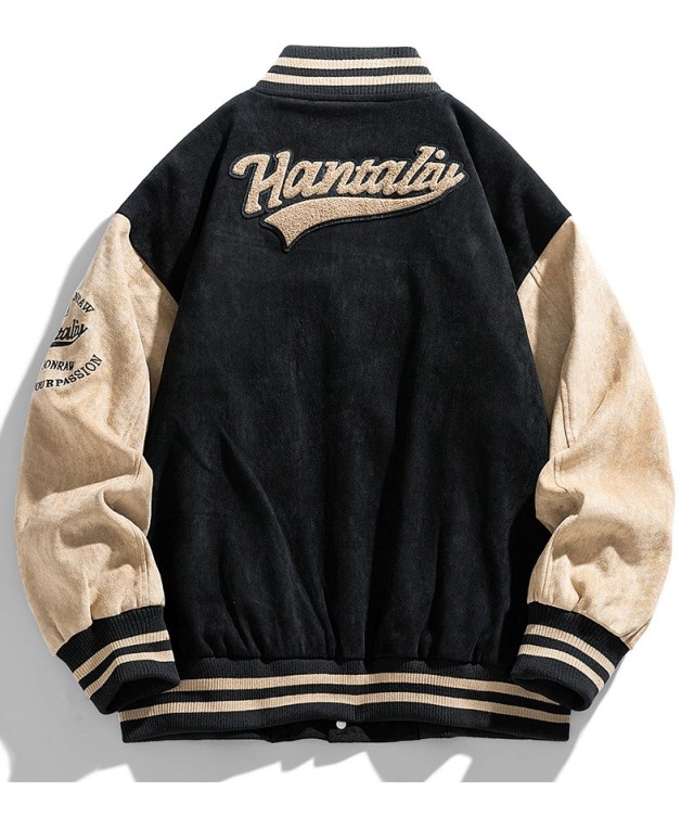 Vintage suede baseball collar, fashionable patchwork baseball jacket, trendy jacket