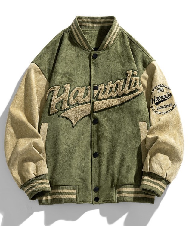 Vintage suede baseball collar, fashionable patchwork baseball jacket, trendy jacket