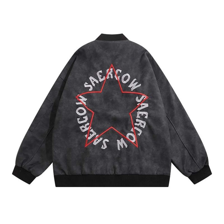 Vintage Letter Embroidered Loose Standing Collar Jacket