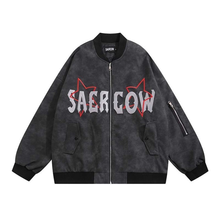 Vintage Letter Embroidered Loose Standing Collar Jacket