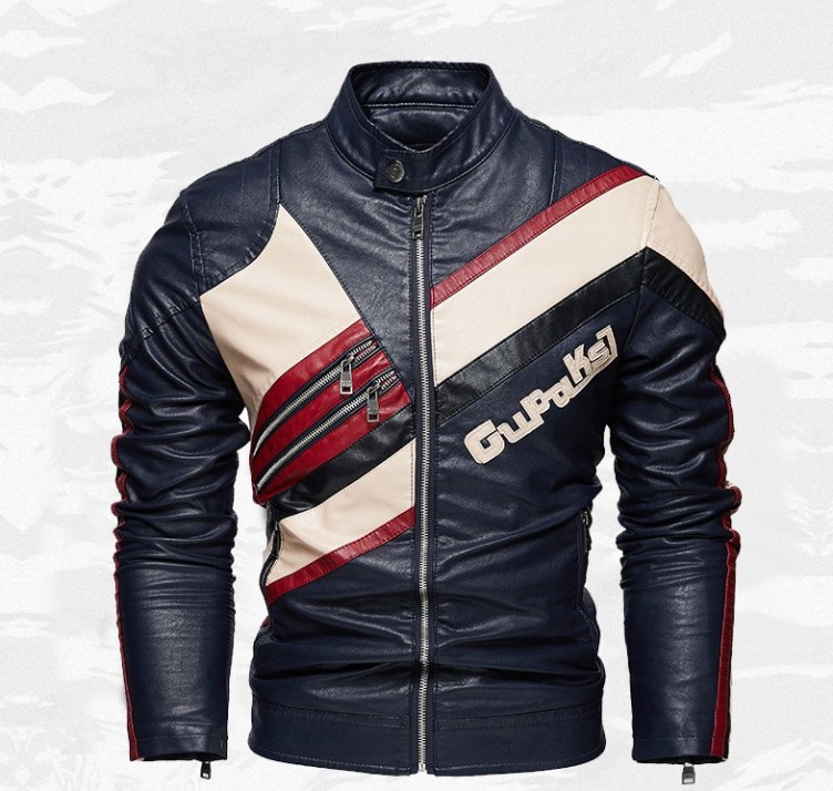 Color blocking diagonal zipper slim fitting stand neck jacket