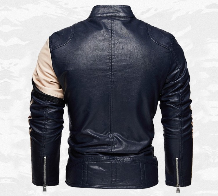 Color blocking diagonal zipper slim fitting stand neck jacket
