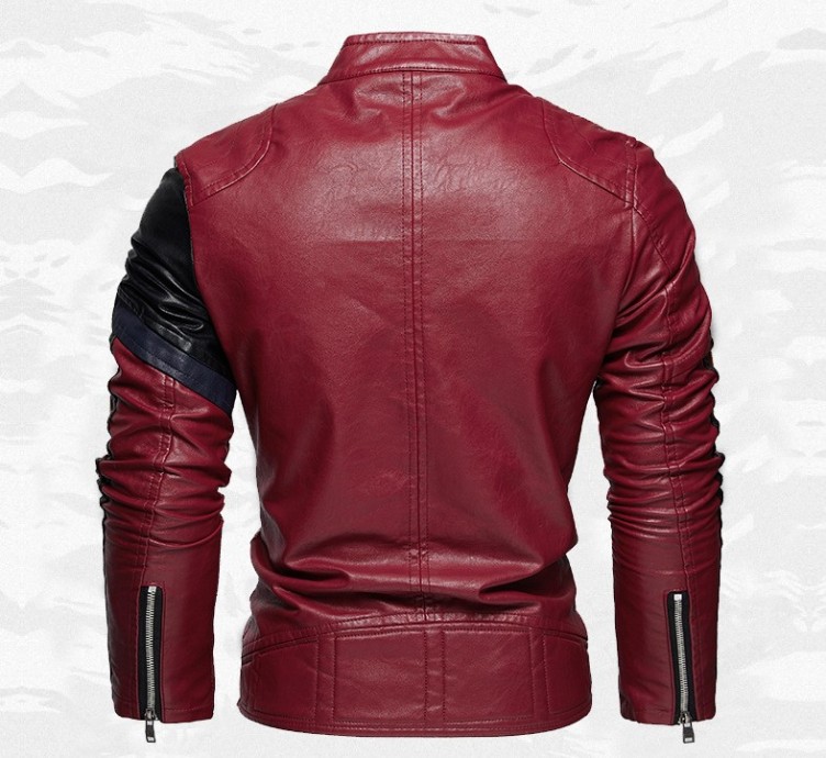 Color blocking diagonal zipper slim fitting stand neck jacket