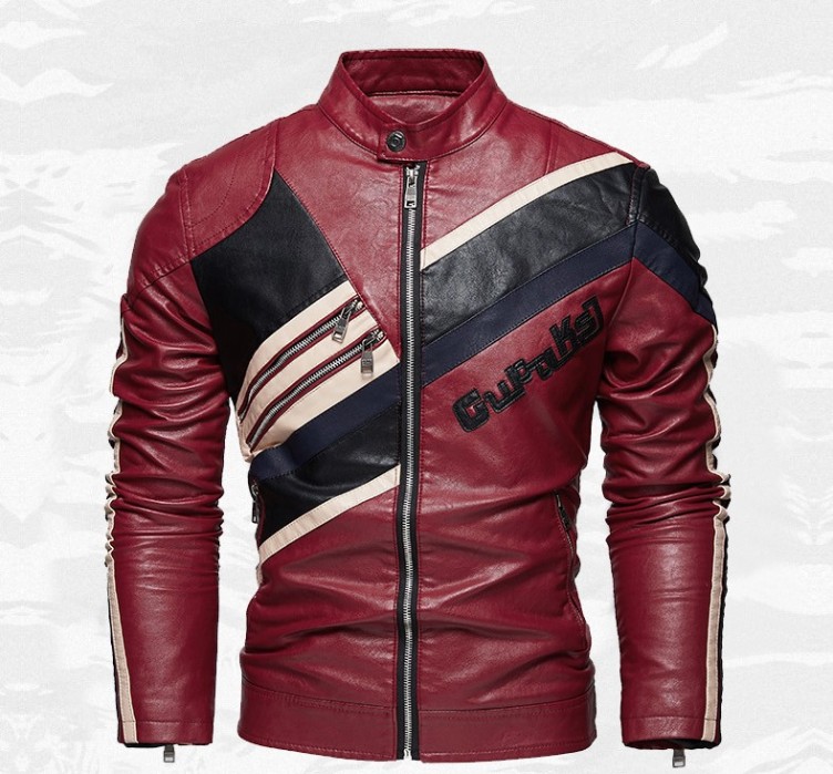Color blocking diagonal zipper slim fitting stand neck jacket