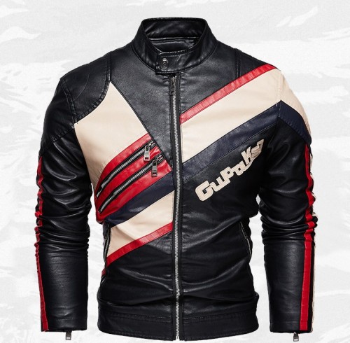 Color blocking diagonal zipper slim fitting stand neck jacket