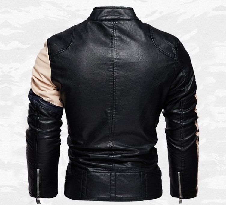 Color blocking diagonal zipper slim fitting stand neck jacket