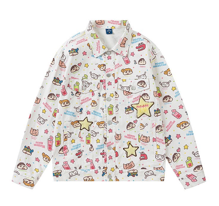 Cartoon Printed Denim Single Breasted Jacket