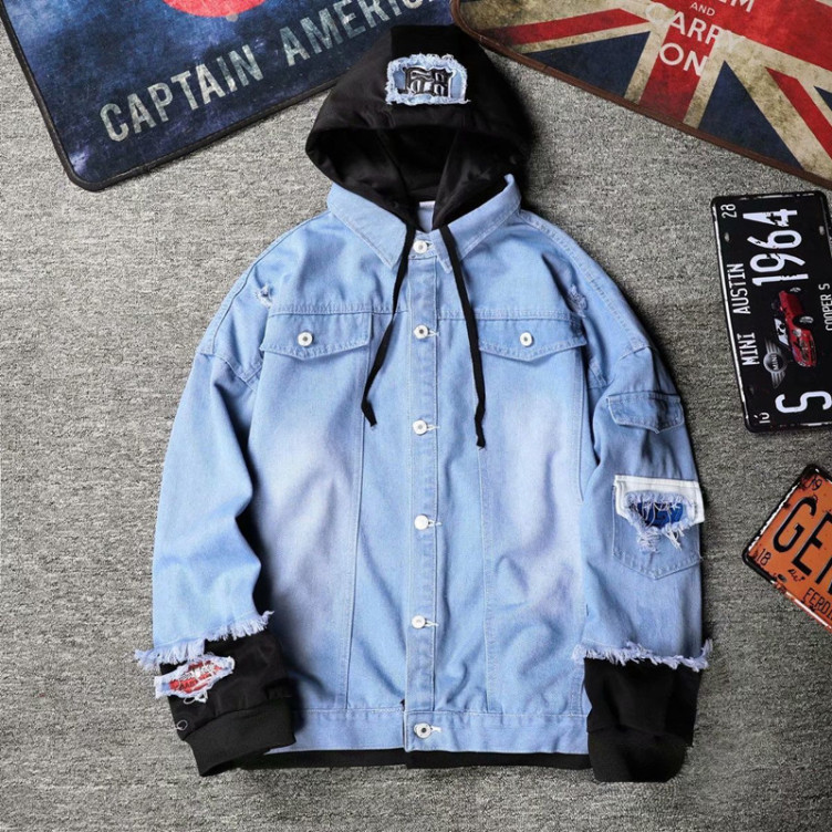 Denim jacket with hole patch casual hooded loose jacket