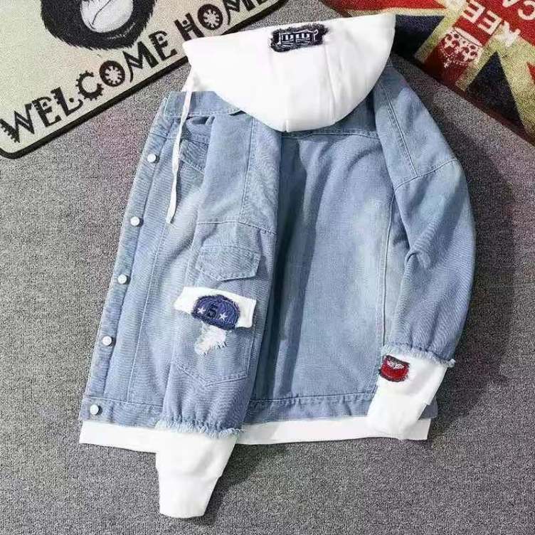 Denim jacket with hole patch casual hooded loose jacket
