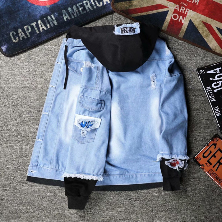 Denim jacket with hole patch casual hooded loose jacket