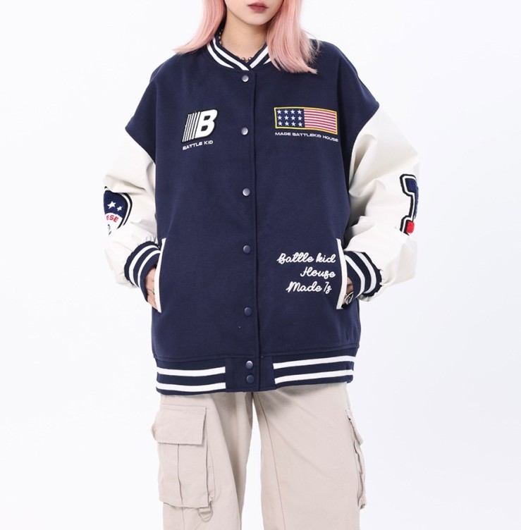 Retro Stars and Stripes Patch Embroidered Heavy Industry Baseball Jacket
