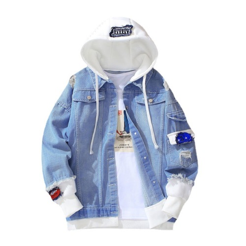 Denim jacket with hole patch casual hooded loose jacket
