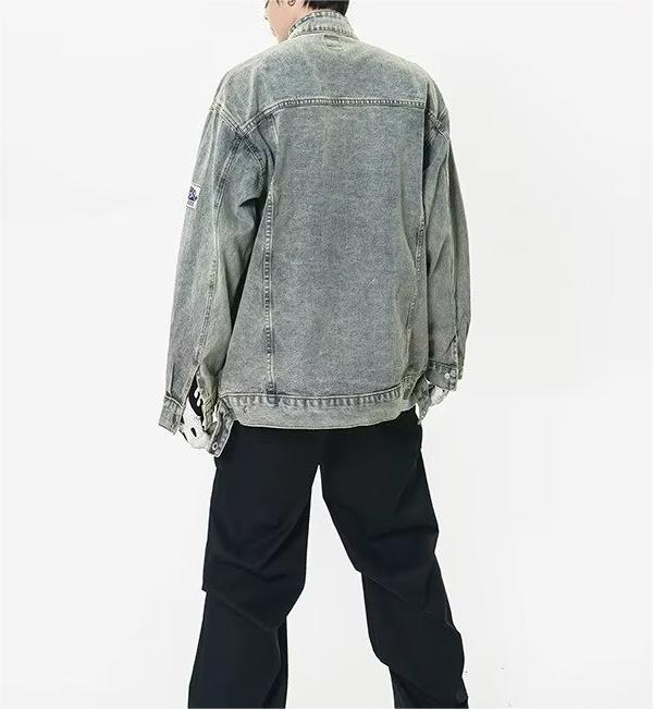 Retro washed denim loose casual embroidered stand collar motorcycle Jacket