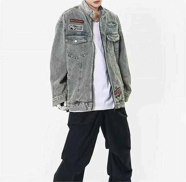 Retro washed denim loose casual embroidered stand collar motorcycle Jacket