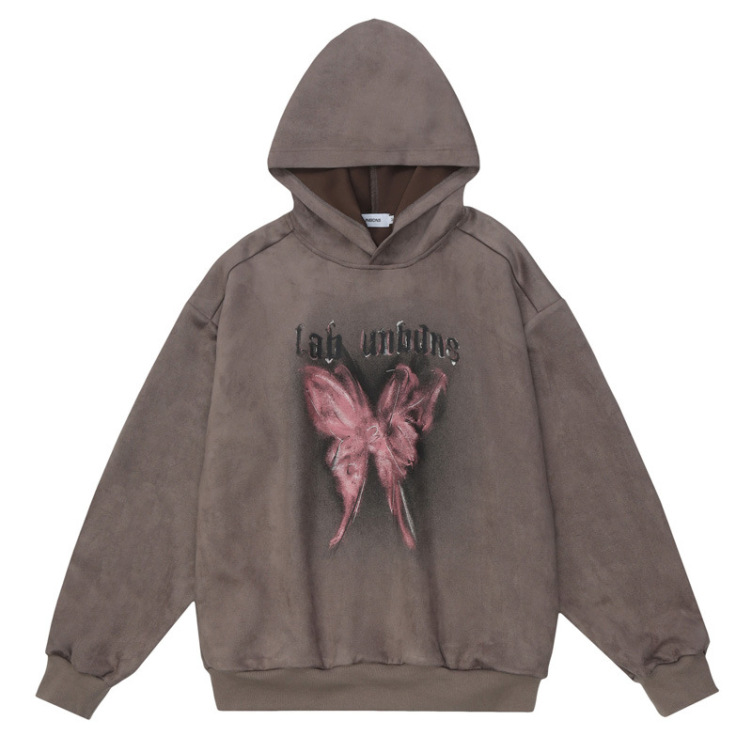 Retro Abstract Butterfly Print Hip Hop Loose Suede hoodies