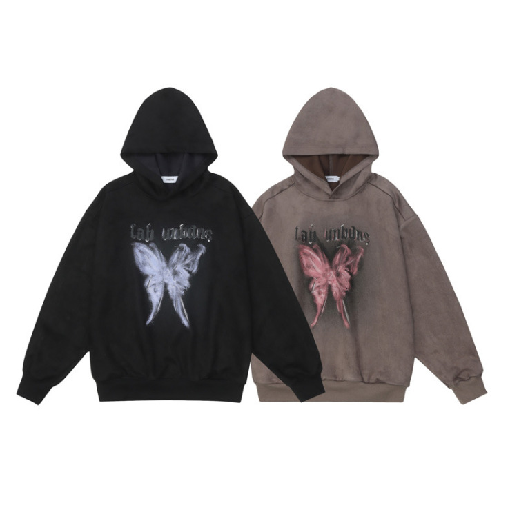Retro Abstract Butterfly Print Hip Hop Loose Suede hoodies
