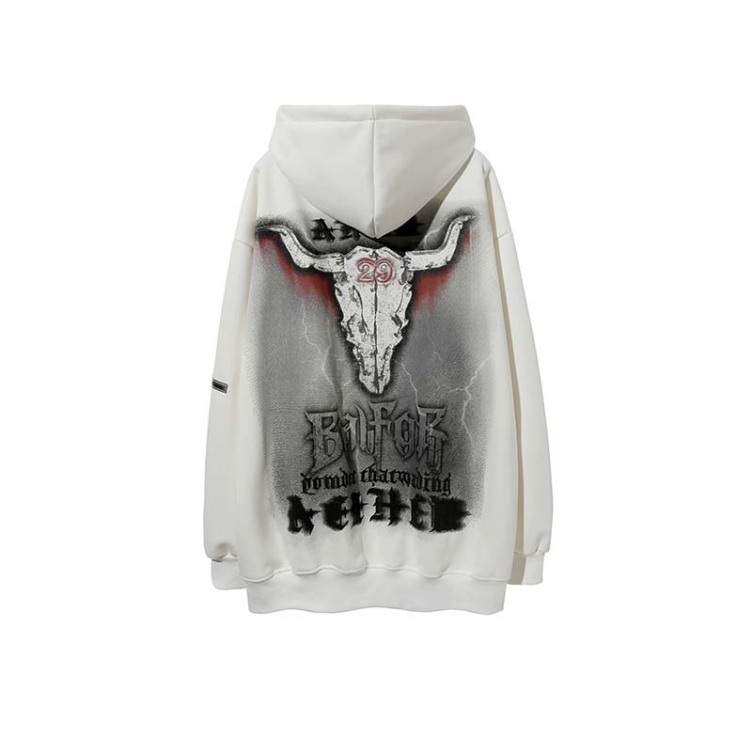 High street retro cow skull letter print plus velvet hoodies
