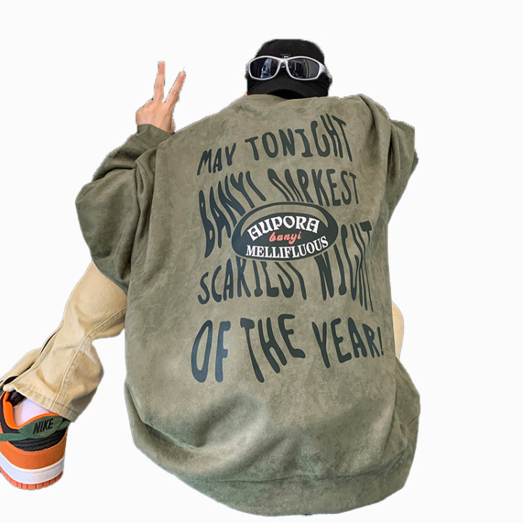 Casual retro suede loose letter crew neck hoodies