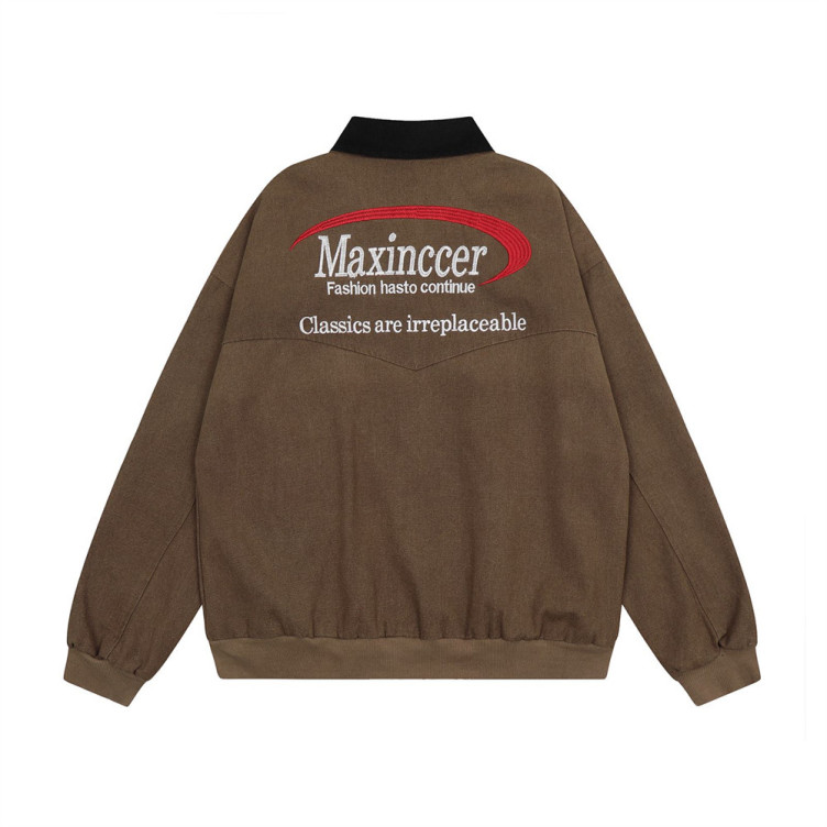 Retro letter embroidered workwear contrasting lapel zipper loose canvas Jacket