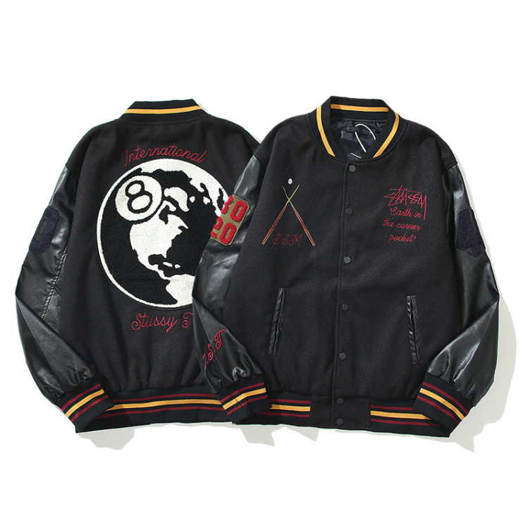 Baseball uniform black 8 jacket high street hip hop embroidered woolen PU sleeves Jacket
