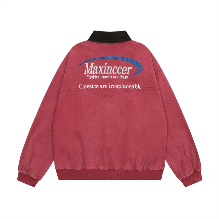 Retro letter embroidered workwear contrasting lapel zipper loose canvas Jacket