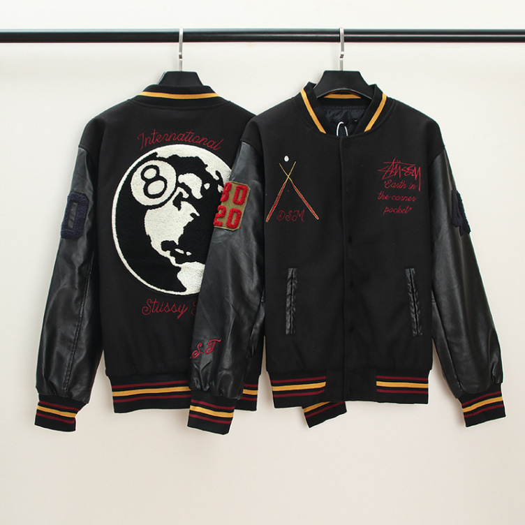 Baseball uniform black 8 jacket high street hip hop embroidered woolen PU sleeves Jacket