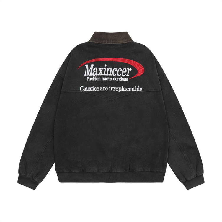 Retro letter embroidered workwear contrasting lapel zipper loose canvas Jacket