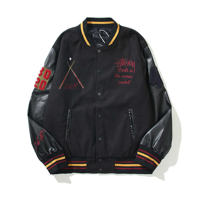 Baseball uniform black 8 jacket high street hip hop embroidered woolen PU sleeves Jacket