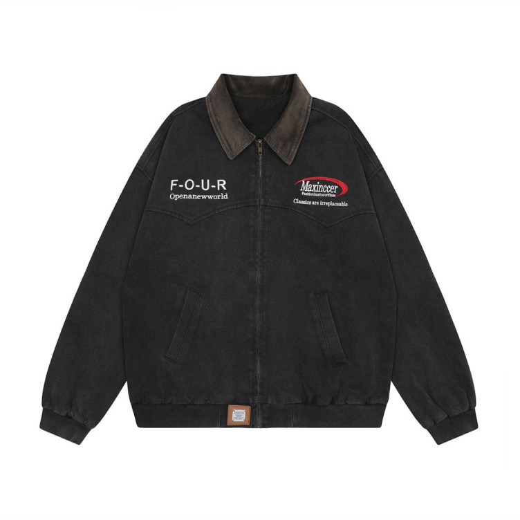 Retro letter embroidered workwear contrasting lapel zipper loose canvas Jacket
