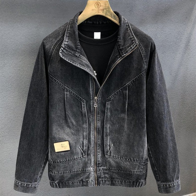 High street distressed washed motorcycle denim retro jacket