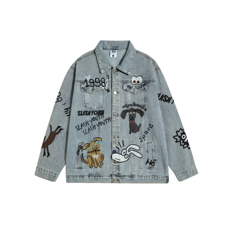 Workwear denim heavy graffiti print loose casual short style jacket