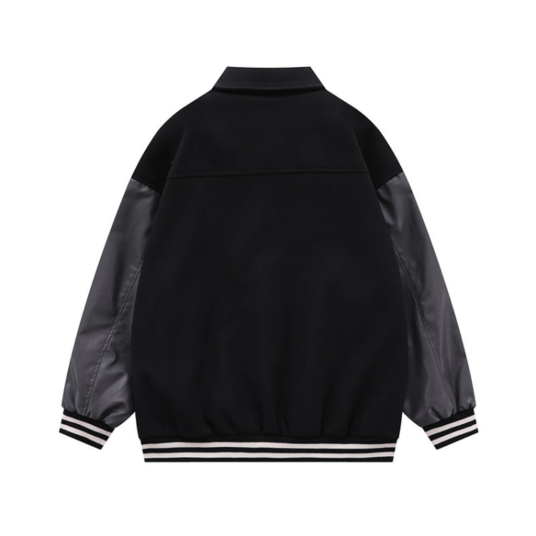 American retro flocking embroidered lapel PU leather sleeves splicing jacket