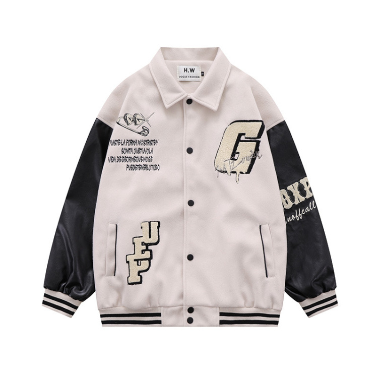 American retro flocking embroidered lapel PU leather sleeves splicing jacket
